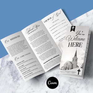 Drievoudig gevouwen kerkbulletinsjabloon | Bewerkbaar Canva-kerkprogramma | Zondagsdienstbulletin | Eredienstprogrammabrochure | Kerknieuwsbrief