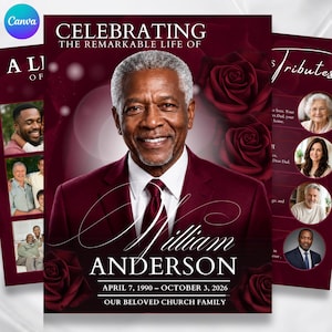 Puede incluir: Una plantilla de programa funerario con el retrato de un hombre con traje y corbata color granate, rodeado de rosas rojas oscuras. El texto dice CELEBRATING THE REMARKABLE LIFE OF WILLIAM ANDERSON, APRIL 7, 1990 – OCTOBER 3, 2026, OUR BELOVED CHURCH FAMILY.