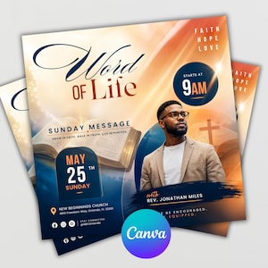 May include: A square flyer for a Sunday message at New Beginnings Church on May 25th. It features the text Word of Life, a person in a tan blazer and glasses, an open Bible, a cross, and the words Faith Hope Love in a warm orange and blue design.