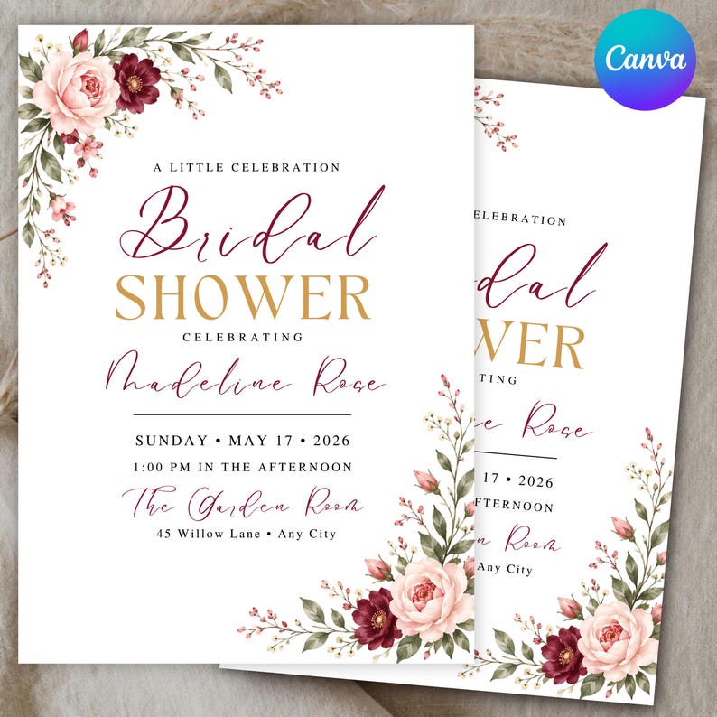 Floral Bridal Shower Invitation Template, Blush Pink Gold Bridal Shower ...