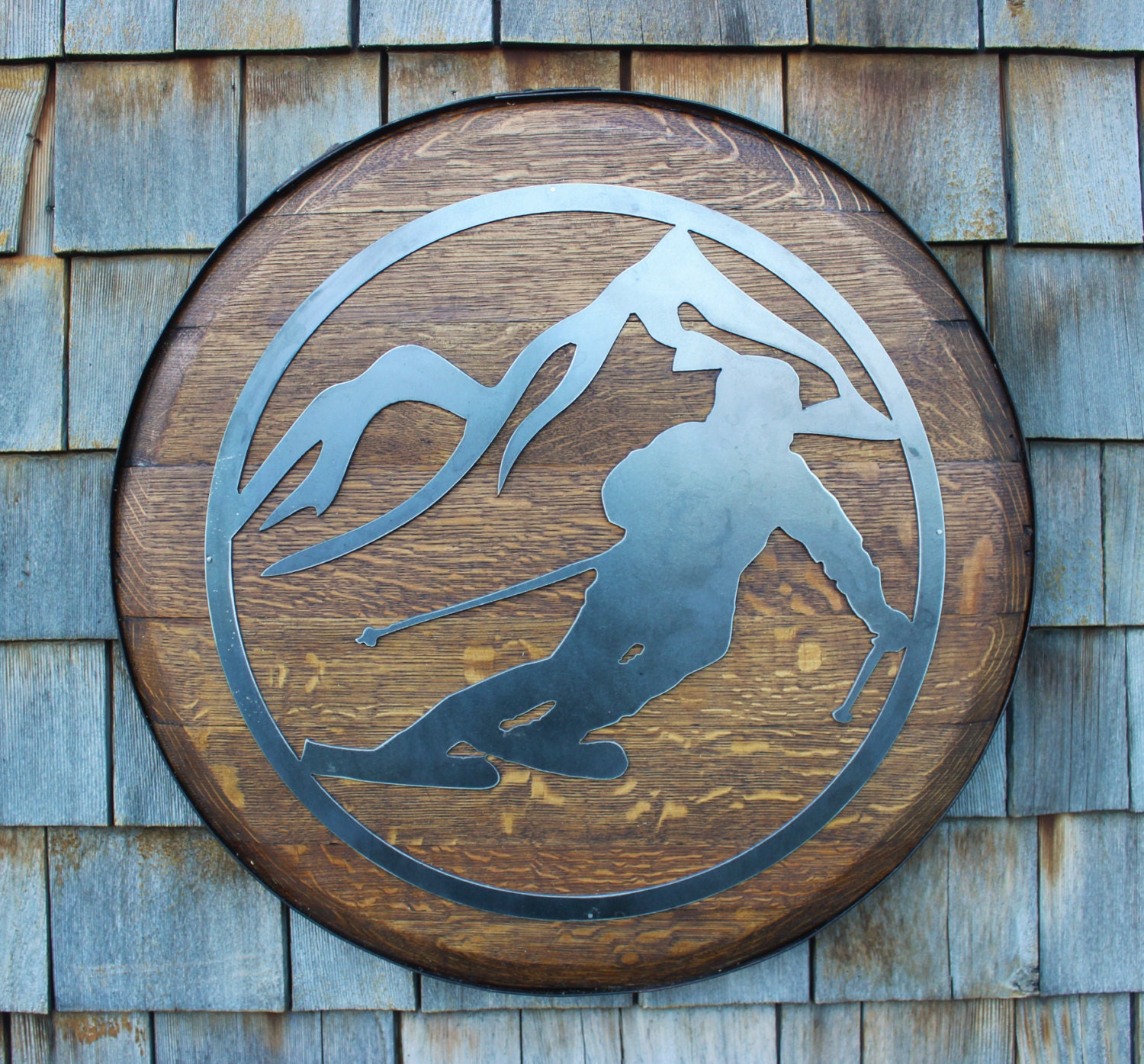 Metal Skier Mountain Scene On Oak Whiskey Or Wine Barrel Lid Etsy