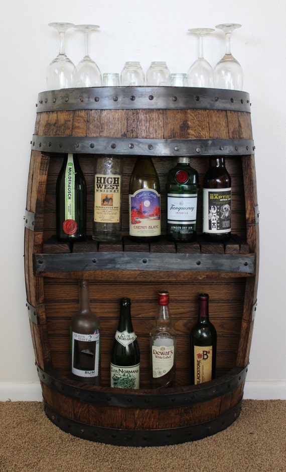 Whiskey Barrel Bar With Shelf Reclaimed Reclaimed Whiskey Barrel Bar, Barrel Liquor Cabinet Diy