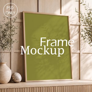Leaning Poster Mockup PSD, Japandi Wood Console, Vertical Frame Smart Object, Digital Download