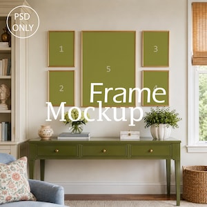 May include: A wall gallery set of five gold-toned frames with olive green inserts, labeled 1 through 5, positioned above a long olive green console table with three drawers. The text PSD ONLY and Frame Mockup is overlaid on the image.