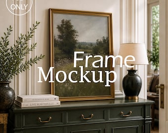 Modern klassiek verticaal fotolijst mockup PSD, gouden lijst op groene consoletafel