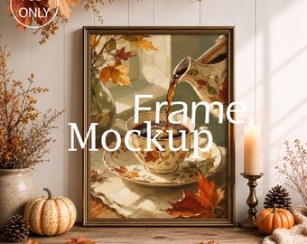 Vertikales Rahmen-Mockup (PSD), Herbstliche Cottagecore-Dekoration, Kürbisse und Ahornblätter, Rustikales Interieur