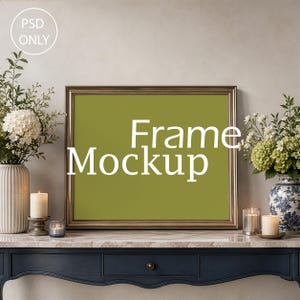 Horizontal Frame Mockup PSD, Classic Luxury Console Table, Elegant Floral Wall Art Mockup
