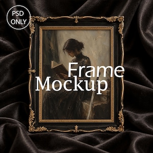 May include: A rectangular picture frame with an ornate black and gold finish. The frame contains an illustration of a person reading a book while holding a sword. The text PSD ONLY appears in the top left corner and Frame Mockup in the centre.