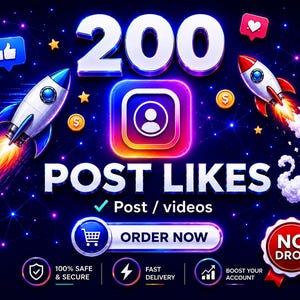 Peut inclure: Un graphique numérique affichant le texte 200 POST LIKES avec une icône de style Instagram, deux fusées, des symboles de réaction et un bouton ORDER NOW. Le texte inclut également Post / videos, NO DROP, 100% SAFE & SECURE, FAST DELIVERY et BOOST YOUR ACCOUNT.