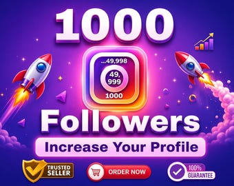 Può includere: Una grafica digitale con il testo 1000 FOLLOWERS e Increase Your Profile. Il design include due razzi, un'icona quadrata centrale con i numeri 49.998 e 49.999, uno scudo Trusted Seller, un pulsante Order Now e un badge 100% Guarantee.