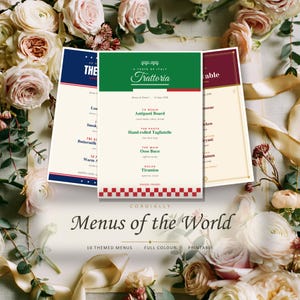 Menus of the World Bundle, 10 Editable Themed Party Menus, BBQ Braai Italian Mexican Indian, Printable Dinner Menu, Instant Download