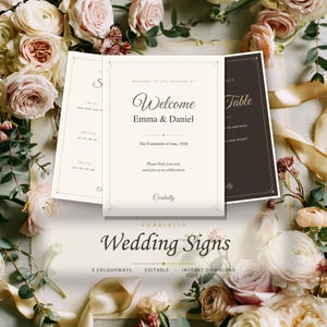 Peut inclure: Trois panneaux de mariage rectangulaires aux fonds crème et brun foncé avec une typographie élégante. Le panneau central indique Welcome Emma & Daniel, The Fourteenth of June, 2026, Please find your seat and join us in celebration, Cordially.