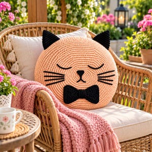 Crochet Cat Face Cushion Pattern PDF Round Kitty Pillow Amigurumi Decor Black Bowtie Beginner