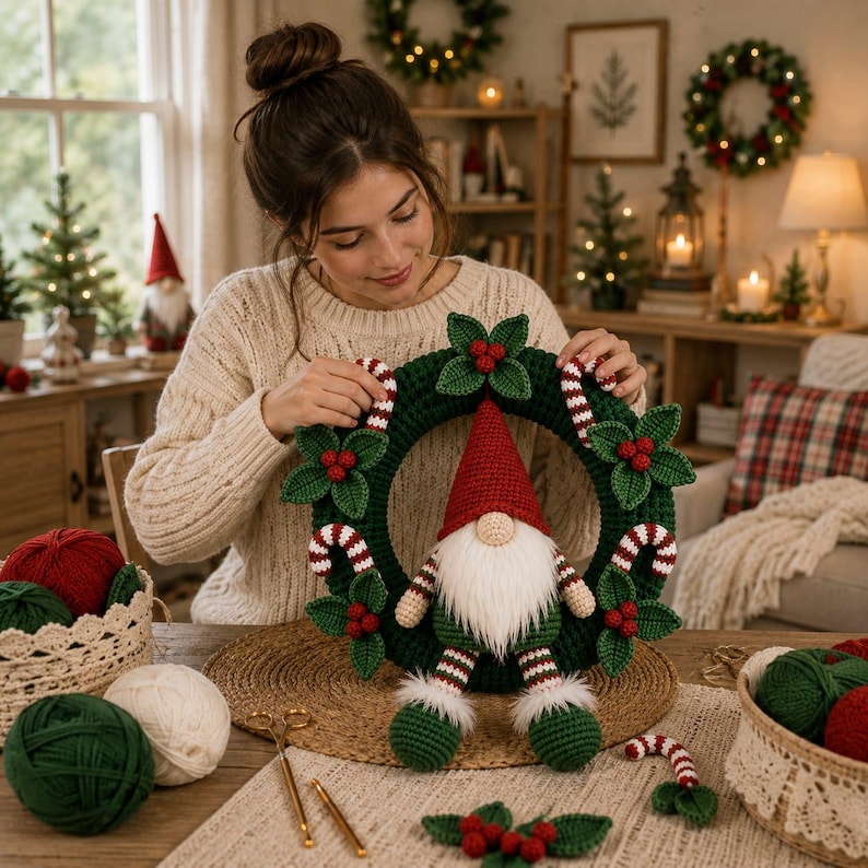 May include: A crocheted dark green wreath decorated with red berries, green leaves, and candy canes, featuring a central gnome with a red hat, white beard, and green pants. The wreath is crafted with yarn and includes small crocheted holly accents.