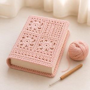 May include: A light pink crochet book cover featuring a floral granny square pattern, accompanied by a matching ball of yarn and a wooden crochet hook. The cover is crafted with intricate stitches and fits snugly around the rectangular book.
