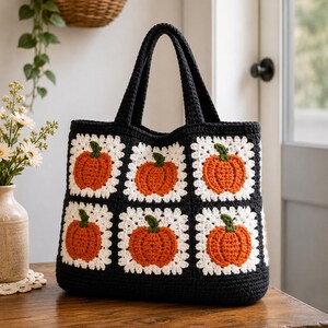 Crochet Pumpkin Granny Square Tote Bag Pattern, Fall Halloween Crochet PDF