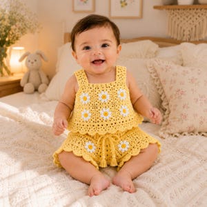 May include: A two-piece crochet outfit consisting of a yellow sleeveless top and matching shorts, both featuring a repeating white and yellow daisy flower pattern. The shorts include a drawstring waist with tassels and a scalloped hem edge.