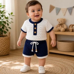 May include: A two-piece crochet outfit consisting of a short-sleeved white top with a navy blue trim and three wooden buttons on the front placket, paired with matching navy blue shorts featuring a white drawstring with wooden bead accents.