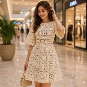 May include: A cream-colored crochet dress featuring a repeating square motif pattern with circular centers, short sleeves, and a fitted waist. The garment is paired with a small, structured beige handbag with a gold chain strap.