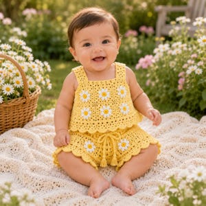 May include: A yellow crochet two-piece set consisting of a sleeveless top and shorts, both featuring white and yellow daisy flower motifs. The shorts include a drawstring waist with tassel ends and a scalloped hemline on both pieces.