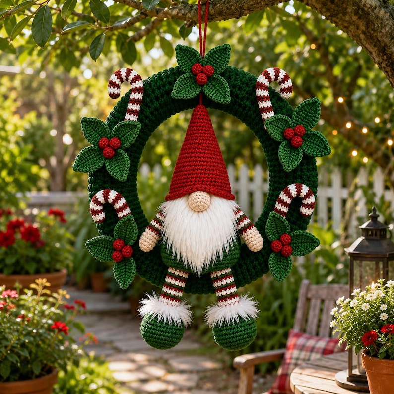 May include: A dark green crocheted wreath decorated with red and white striped candy canes and clusters of green leaves with red berries. A crocheted gnome with a red hat, white beard, and striped legs hangs from the center of the wreath.