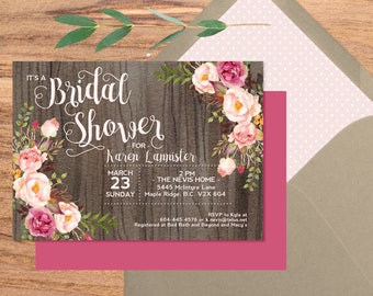 Bridal Shower Invitation Rustic Watercolor Dark Wood Roses Peonies Pink Blush Raspberry Floral Couples Shower Any Event