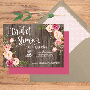 Bridal Shower Invitation Rustic Watercolor Dark Wood Roses Peonies Pink Blush Raspberry Floral Couples Shower Any Event image 1