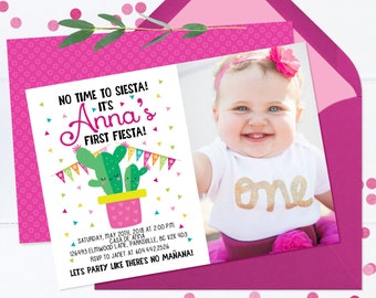 First Birthday Fiesta Invitation Girl Printable or Printed Invitation Cactus Birthday Mexican Fiesta Taco TWOsday Girl 1st Birthday Invite