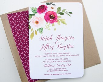 Burgundy Wedding Invitation Suite, Burgundy Watercolor Floral Invitations, Burgundy Floral Invitations, Printed Invitations, Sarah Suite