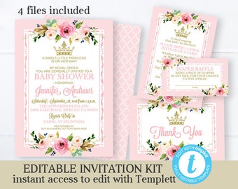 Princess Baby Shower Invitation KIT Royal Baby Girl Shower Invite Little Princess Invitation Pink & Gold Floral Baby Shower Editable SP0013