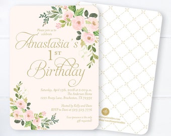 gold lace and pearls first birthday invitation girls 1st etsy