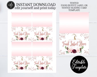 Pink Floral Buffet Food Labels or Seating Place Cards Folding 3.5x5 Printable Editable Templett Template SP0058