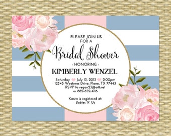 Bridal Shower Invitation Dusty Blue and Blush Slate Blue Pink and Gold Glitter Stripes Floral Peonies Bridal Brunch Invitation, Any Event