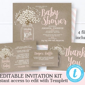 Rustic Baby Girl Shower Invitation Mason Jar Baby's Breath Rustic Kraft Pink and White Instant Download Editable Template Templett image 8