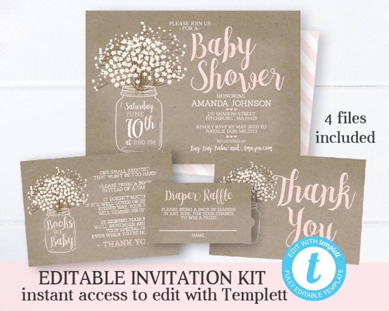 Rustic Baby Girl Shower Invitation Mason Jar Baby's Breath Rustic Kraft Pink and White Instant Download Editable Template Templett image 8