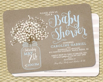 Baby Shower Invitation Baby Boy Mason Jar Baby's Breath Kraft Baby Shower Invite Baby Sprinkle