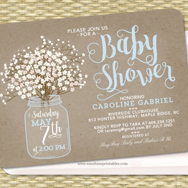 Baby Shower Invitation Baby Boy Mason Jar Baby's Breath Kraft Baby Shower Invite Baby Sprinkle