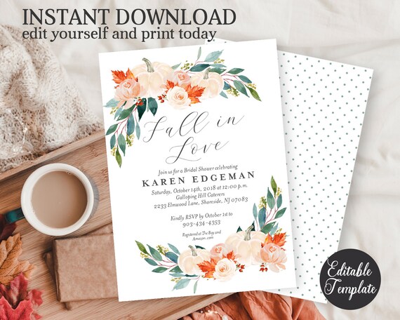 Printable Fall in Love Bridal Shower Invitation, Fall Bridal Shower Invite, White Pumpkin & Floral, EDITABLE TEMPLATE, Templett, SP0052A Il_570xn