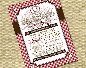 Country Western BBQ Invitation Summer Bbq Invite Summer Party Invite Backyard Bbq Red White Gingham Cowboy Invitation ANY EVENT