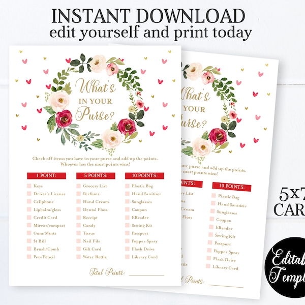 EDITABLE What's In Your Purse Bridal Shower Game, Floral Valentine Bridal Shower Game, What's In Your Purse Game, Printable SP0031