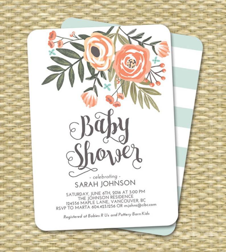 Baby Boy Shower Invitation Floral Baby Shower Invite Boy Baby Shower Floral Baby Shower Blue Mint Boy Baby Sprinkle Sip and See ANY EVENT image 4