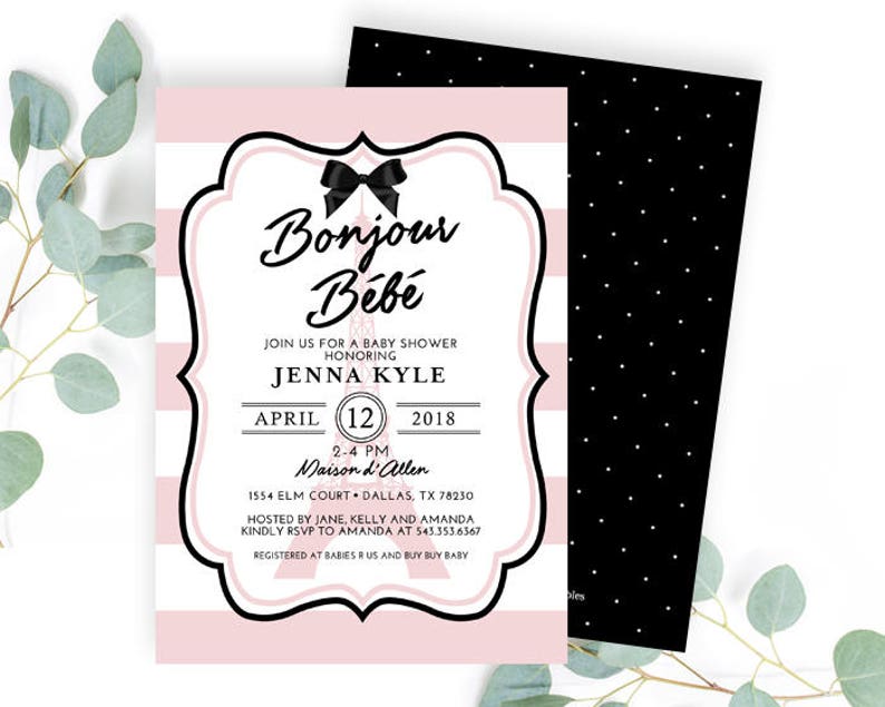 Bonjour Baby Girl Shower Invitation, Bonjour Bébé Invitation, French Baby Shower Invitation Girl, Paris Theme Invitation, French Baby Shower image 1