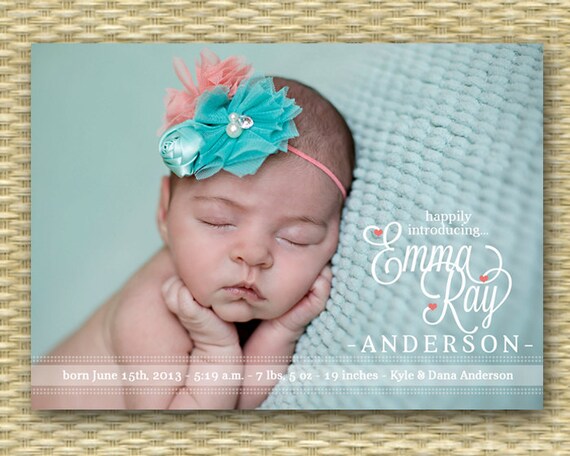 Baby Girl Birth Announcement Printable Baby Announcement Birth Announcement for Baby Girl Printed Birth Announcements Baby Photo Card Il_570xn