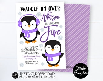 EDITABLE Penguin Birthday Invitation, Winter Birthday Invitation, Adopt a Penguin Party, Winter Birthday Invite INSTANT DOWNLOAD, SP0065