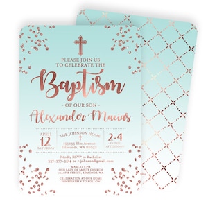 Rose Gold and Aqua Blue Baptism Invitation Baby Boy Baptism Invite Baby Boy Christening Invitation Name Day ANY EVENT Any Colors image 1