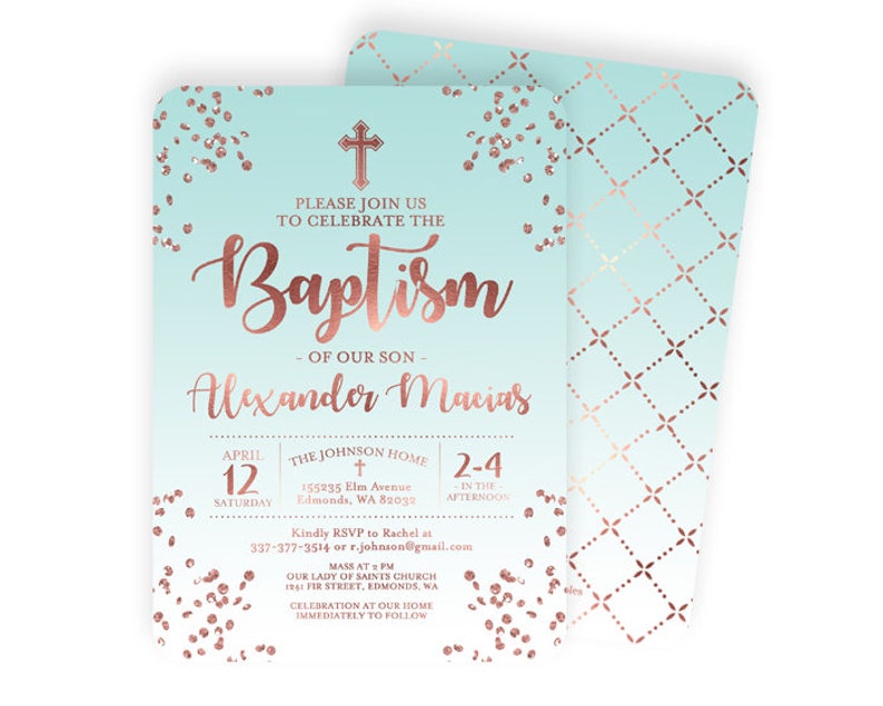 Rose Gold and Aqua Blue Baptism Invitation Baby Boy Baptism Invite Baby Boy Christening Invitation Name Day ANY EVENT Any Colors image 1