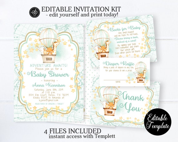 Baby Shower Invitation BUNDLE, Hot Air Balloon Baby Shower Kit, Mint, Animal Adventure Awaits, Travel Theme, SP0035 Il_570xn