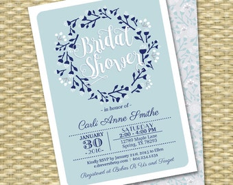 Winter Bridal Shower Invitation Winter Wreath Folk Art Blue Light Blue Couples Shower Wedding Shower Invitations