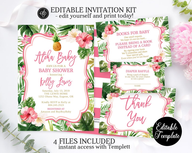 Tropical Girl Baby Shower Invitation KIT, Hawaiian Baby Shower Invitation Bundle, Aloha Baby Girl Shower Kit, EDITABLE TEMPLATE, SP0038 image 1