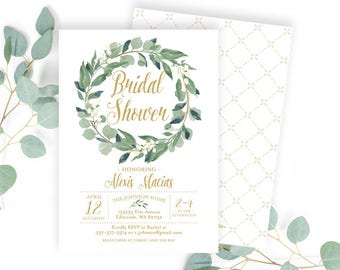 Greenery Bridal Shower Invitation, Botanical Bridal Shower Invite, Modern Printable Shower Invite, Greenery Invitation, White Gold and Green